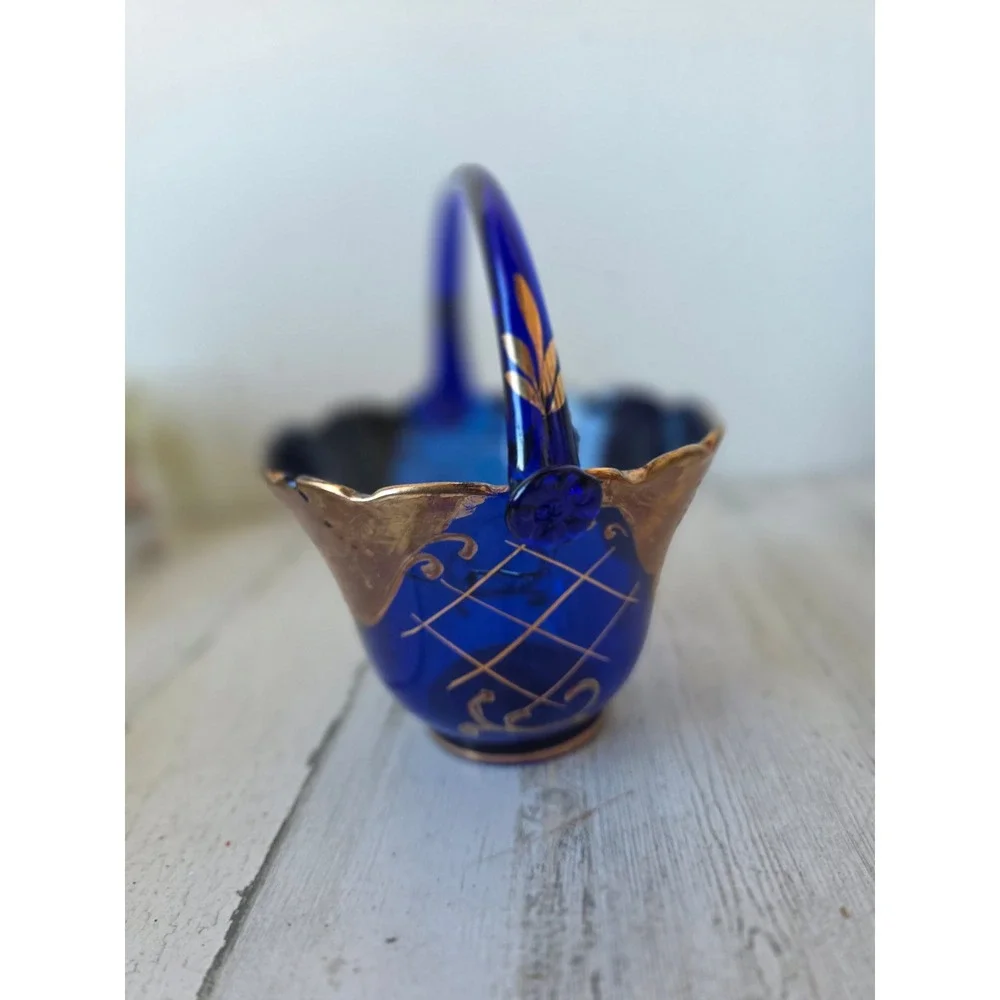 Vintage blue gold basket AS‎ IS bohemian cobalt decor glass